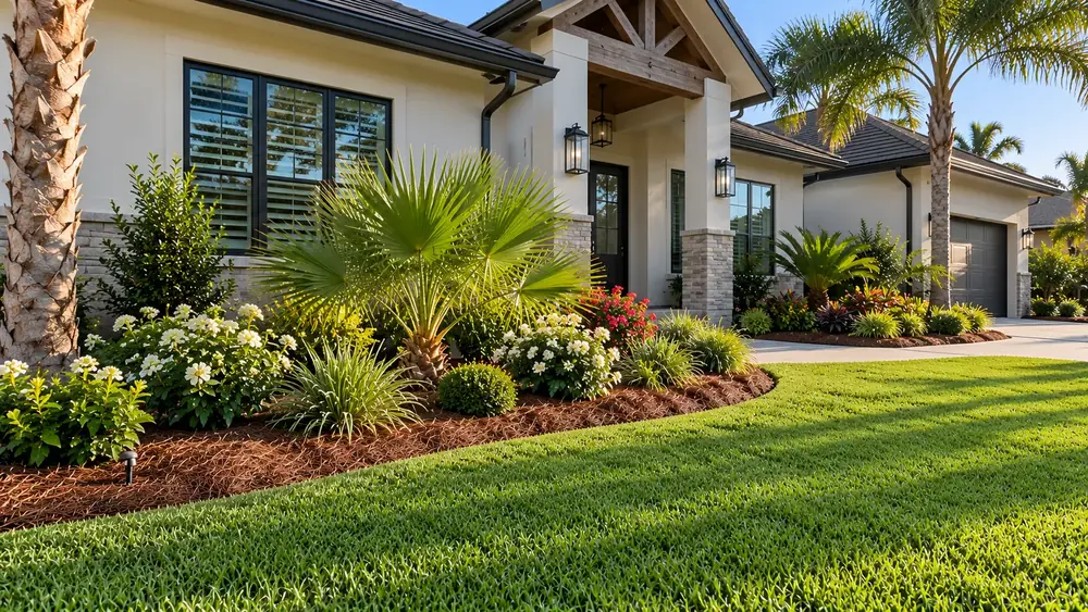 new landscape bed with pine straw, palms and flowering shrubs along a Florida home