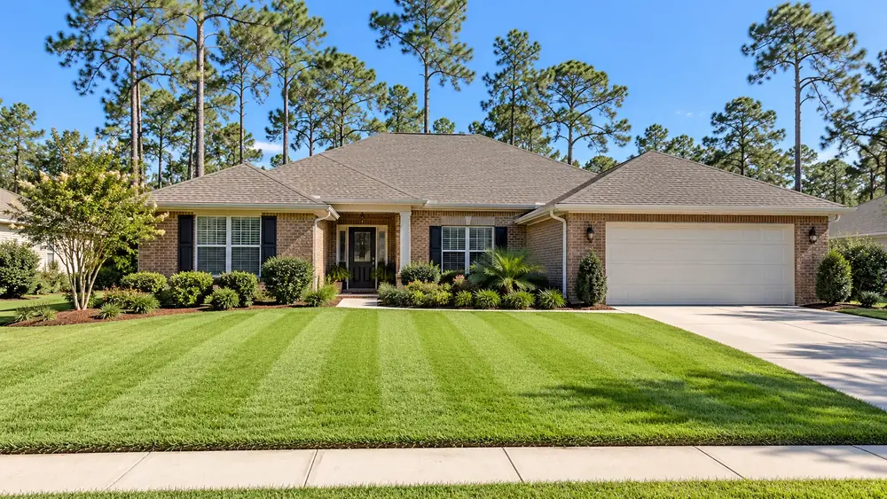 freshly striped green lawn in front of a brick ranch home with tall pines behind