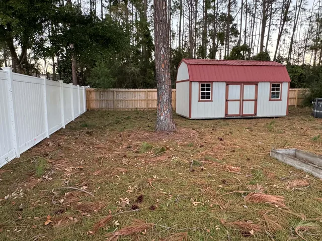 Before: backyard by the shed covered in pine needles and limbs